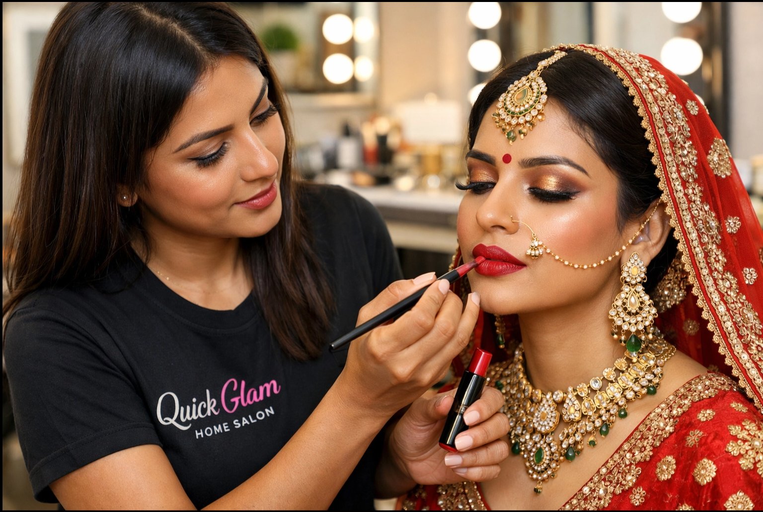 Bridal makeup transformation by QuickGlam home service