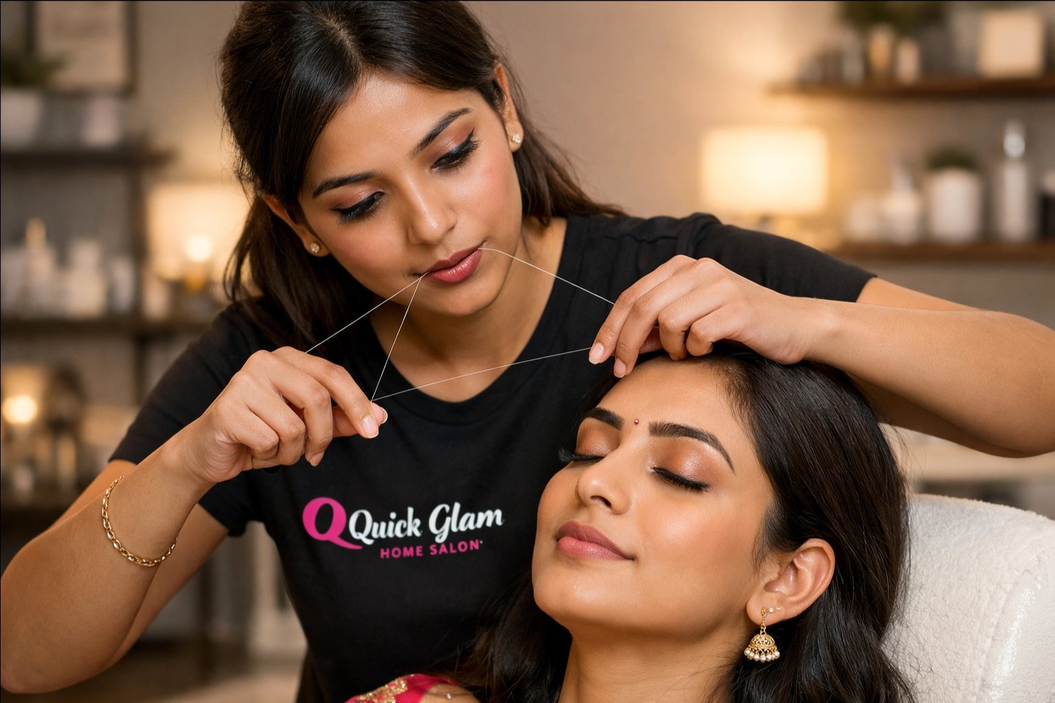 Threading eyebrows at home in Amritsar by QuickGlam beautician
